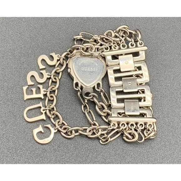 VTG Rare Y2K Guess Silver Tone Chain Pink Heart Watch Bracelet Charms 90s - Picture 7 of 10